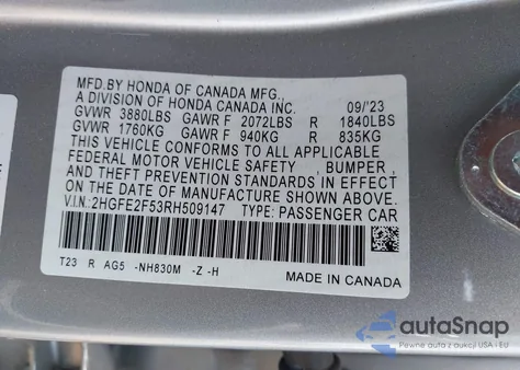 2024 Honda Civic Sport из США, поврежденный, VIN 2HGFE2F53RH509147